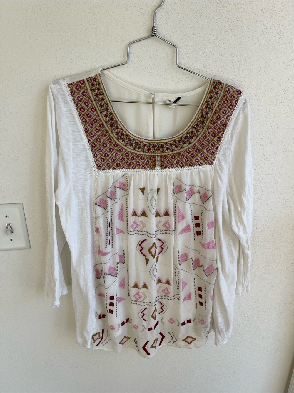White Embroidered Boho Top with Pink Accents Anthropologie